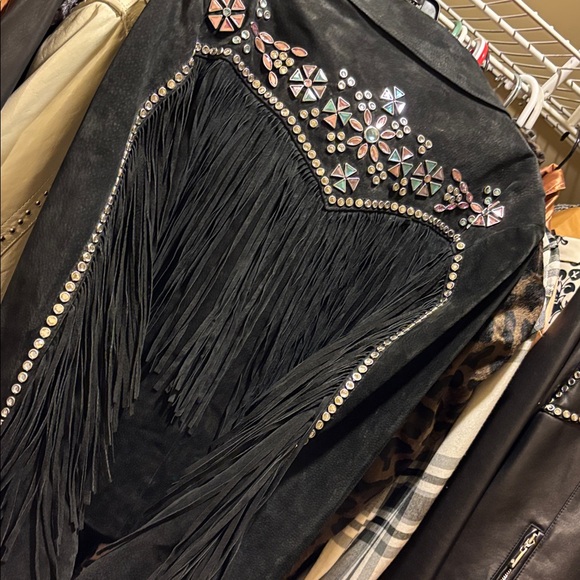 Black Suede Fringe Rhinestone Studded Leather Jacket L Excellent VTG Condition - Picture 5 of 17